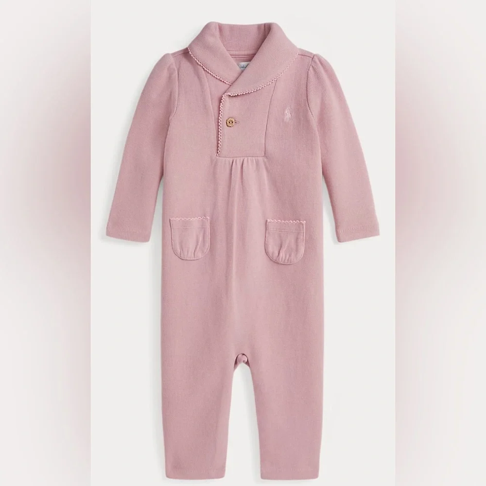 Ralph Lauren Pink Rib Shawl Collar Coverall Size 12 Months‎ NWT